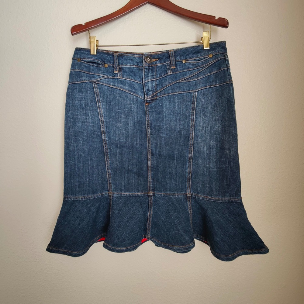 Vintage Y2K Denim Mini Skirt Ruffle Hem Flounce Stretch Twee Indie Contrast 10‎